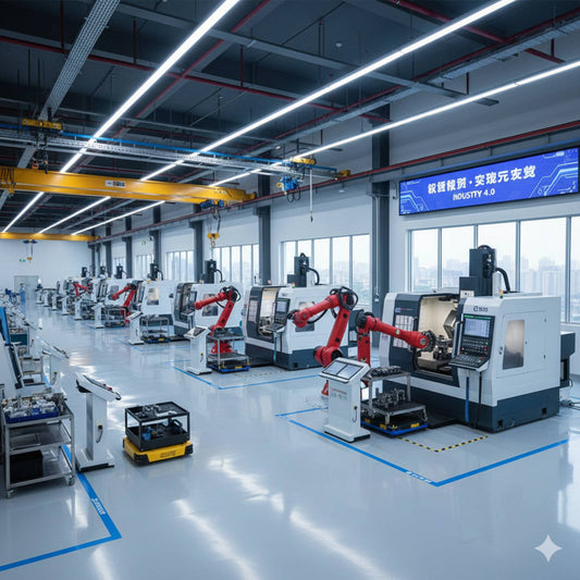 Chinese CNC machinery manufacturing floor with robotic arms.