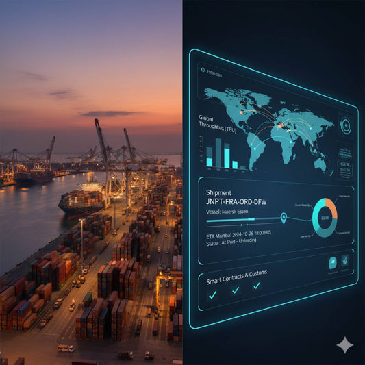 A bustling seaport at sunset with cargo containers and ships is paired with a digital dashboard overlay, symbolizing global logistics and smart supply chain management.