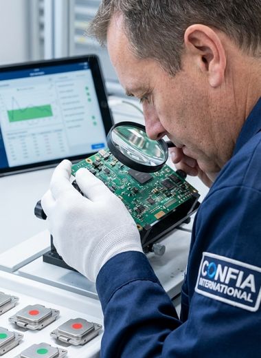 A quality control expert inspecting a product with a magnifying glass and a digital tablet in a warehouse.