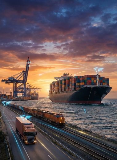 A large container ship at a port with a cargo plane flying above, representing global logistics.