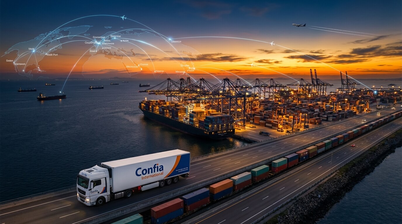 Aerial view of a global shipping port with cargo ships, logistics trucks, and freight trains representing comprehensive international trade services.