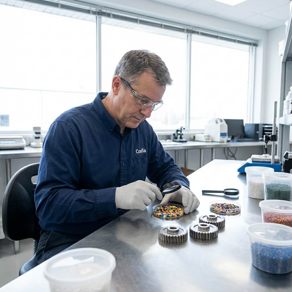 Professional quality inspector examining industrial raw materials like chemical polymers and metal samples in a laboratory setting.