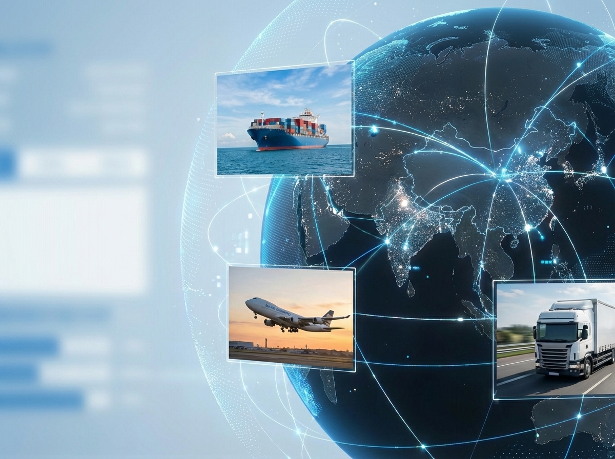 Global logistics network map showing air, sea, and land transport routes connecting China and India for door-to-door cargo delivery.