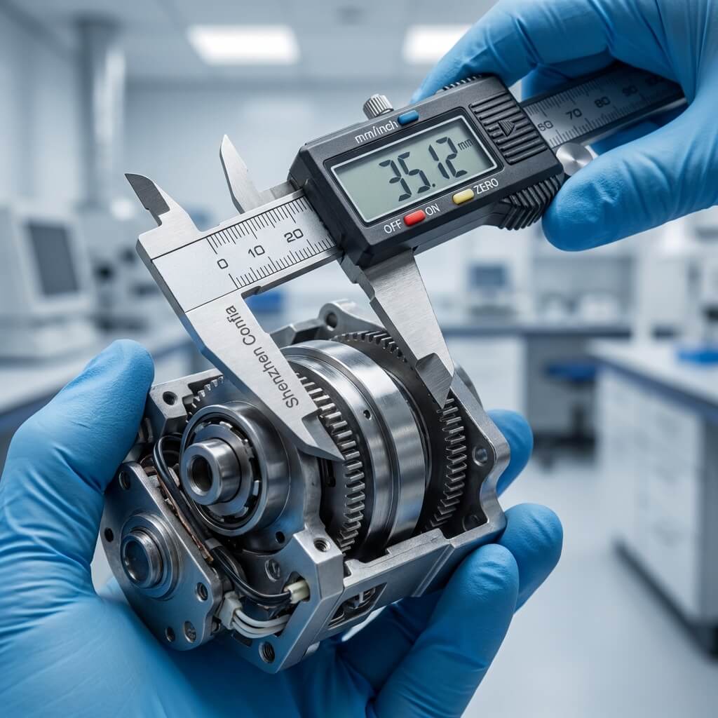Confia expert checking product dimensions with a digital caliper in a Shenzhen factory lab.