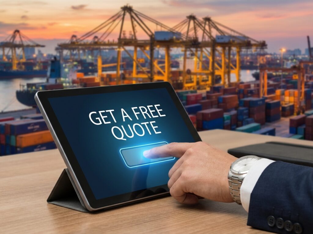 "A satisfying, professional close-up photograph of a business person's hand pressing a glowing 'Get a Free Quote' button on a tablet, with a background of a busy container port at dusk, symbolizing partnership and seamless execution."