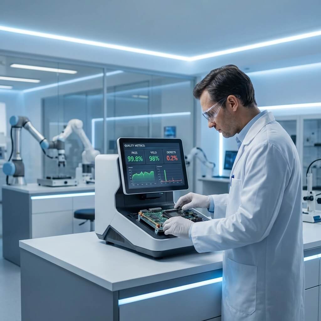 scientist inspecting electronic