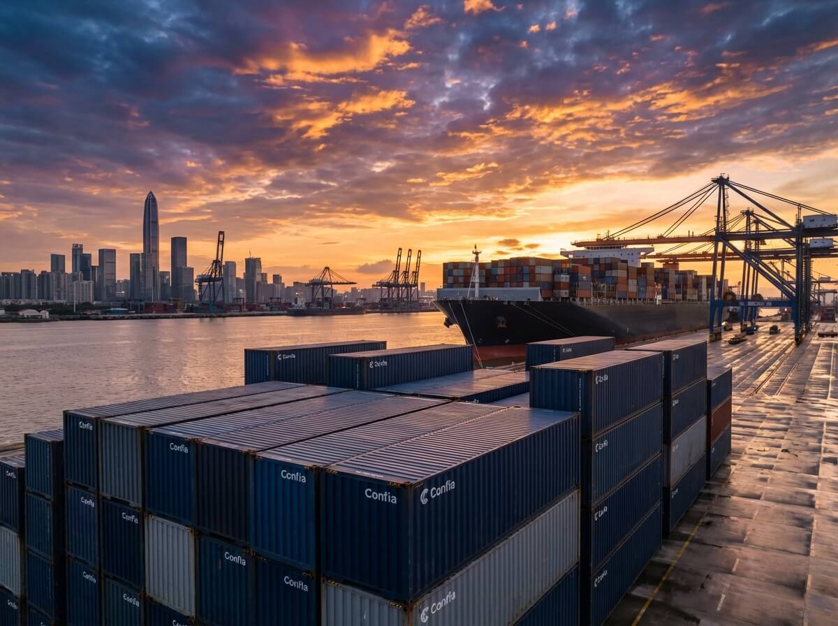 Aerial view of a massive cargo ship and colorful containers at Shenzhen port representing Shenzhen Confia's global supply chain and logistics services.