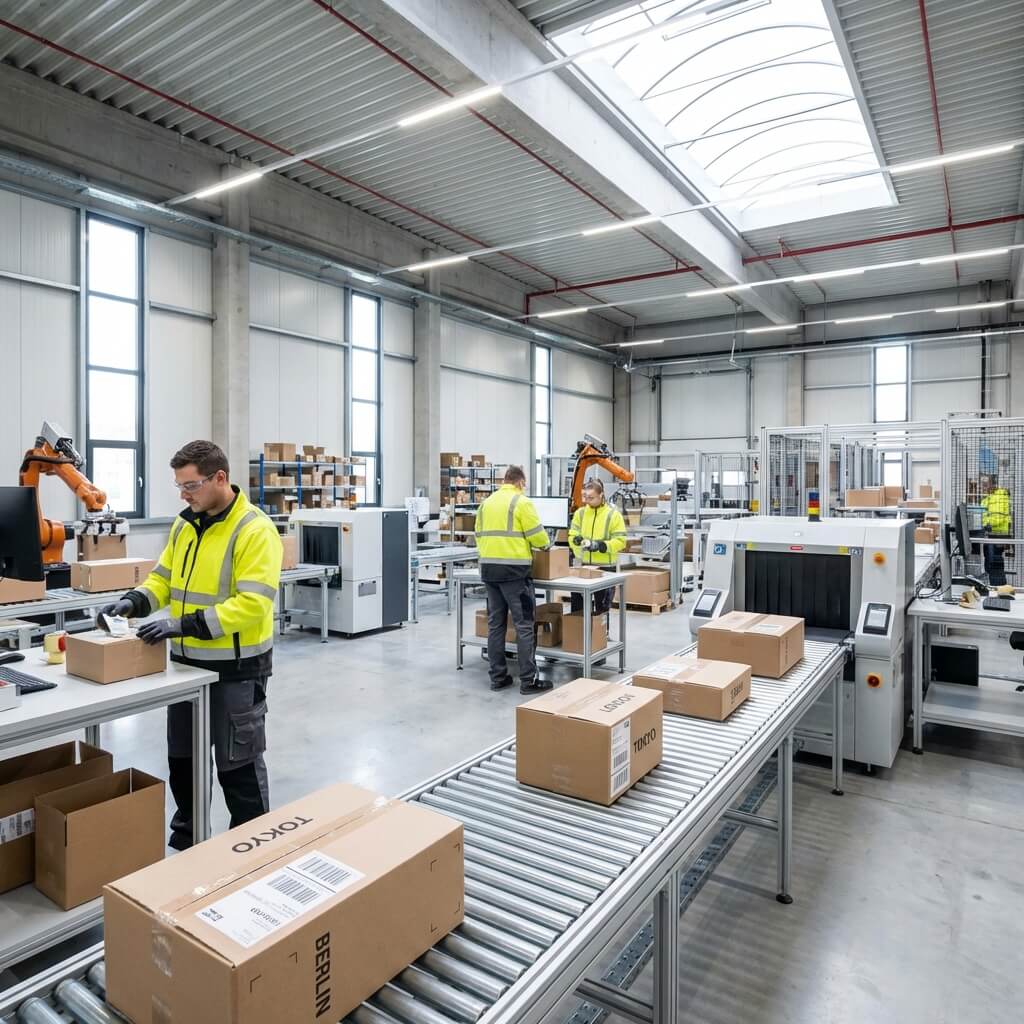 workers labeling packages