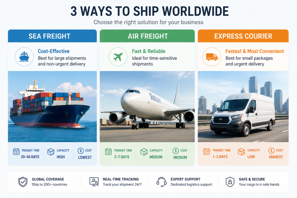 A side-by-side visual comparison — a cargo ship, a freight plane, and a courier van — neatly arranged to represent the three shipping methods (Sea, Air, Express). Clean, infographic-style.
