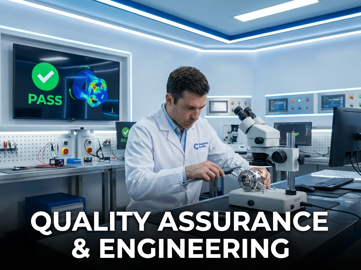 Custom Product Solutions engineer inspecting mechanical part 202605132009
