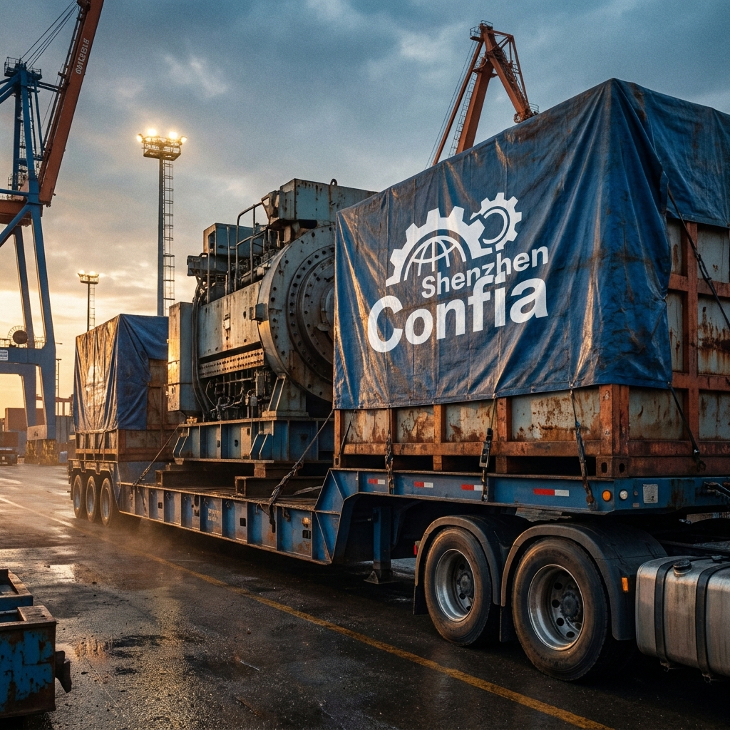 flatbed trailer carrying machinery