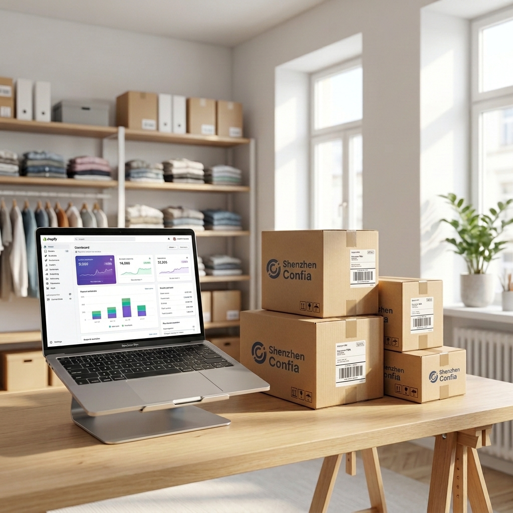 laptop with shopify dashboard boxes