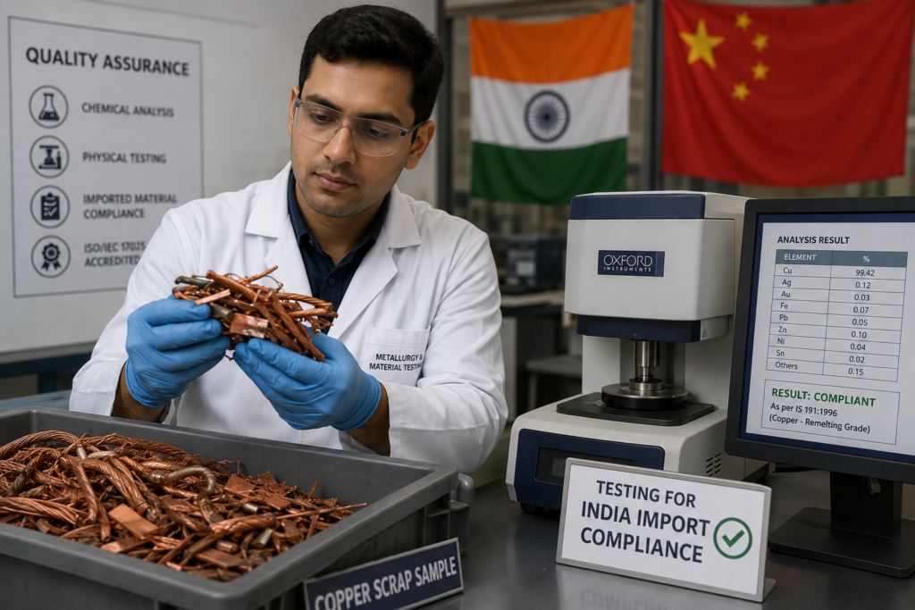 Lab technician testing copper scrap quality for India import compliance