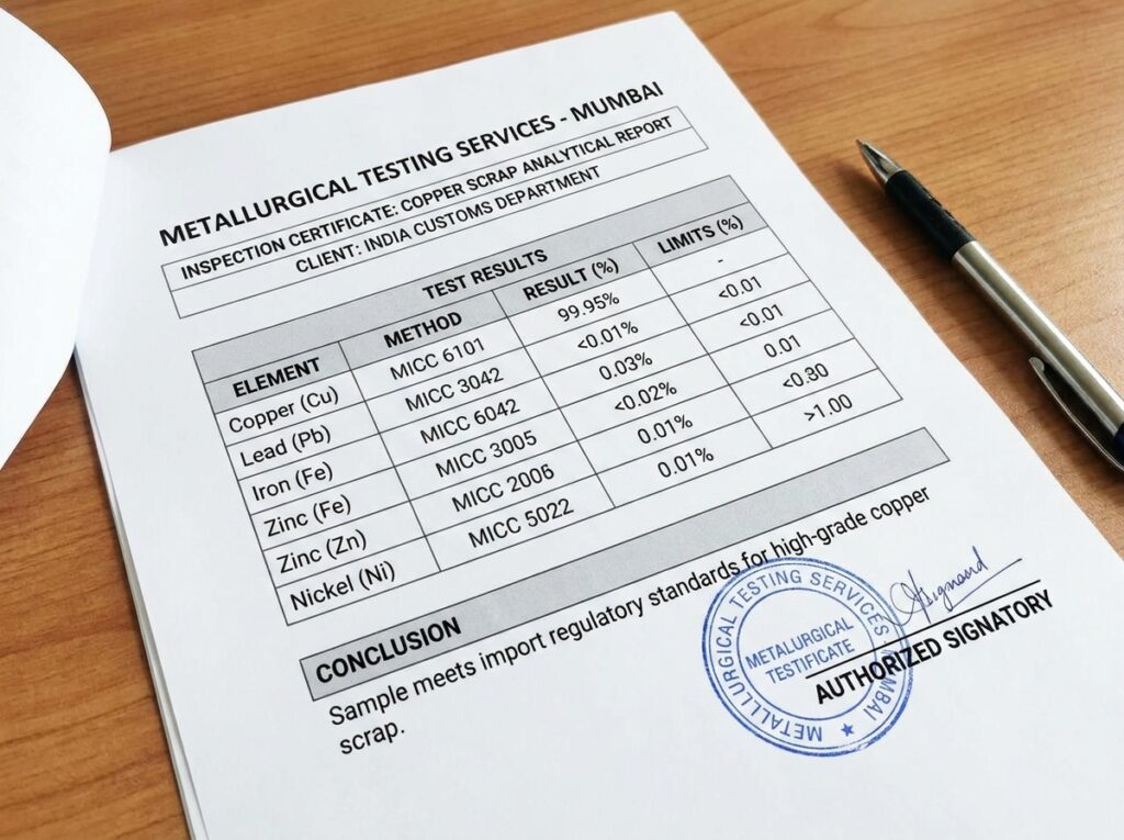 Copper scrap lab test report showing purity and contamination levels for India customs