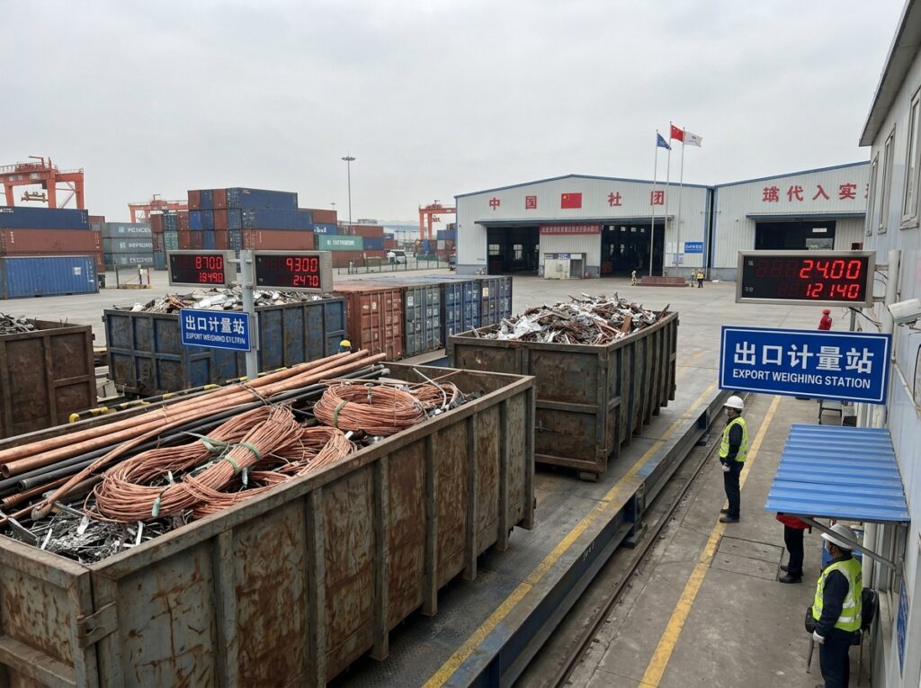 Copper scrap quantity inspection at Chinese export port using industrial weighbridge