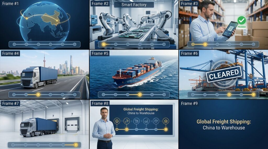 Global freight shipping from China to destination warehouse.